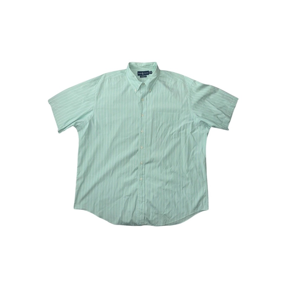 RALPH LAUREN Button Down Shirt Mens XXL Green Striped‎ Classic Fit Short Sleeve